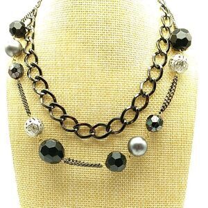 Double-Layer Black Chain Necklace with Faceted Acrylic Beads